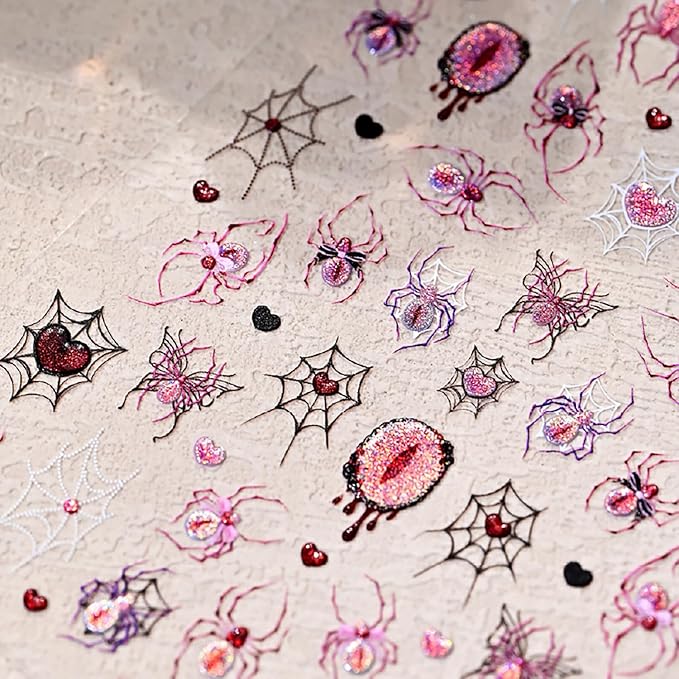 Halloween Nail Art Stickers 5D Embossed Pink Purple Spider Eye Nail Stickers Design Spider Web Heart Nail Decals Nail Art Supplies for Women Acrylic DIY Nail Decorations 1Pc