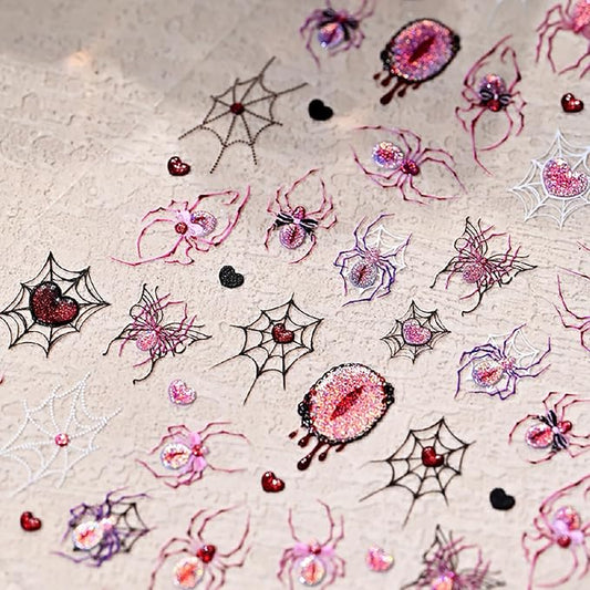 Halloween Nail Art Stickers 5D Embossed Pink Purple Spider Eye Nail Stickers Design Spider Web Heart Nail Decals Nail Art Supplies for Women Acrylic DIY Nail Decorations 1Pc