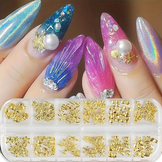 Metal Beach Nail Art Charms 3D Gold Marine Life Nail Charms with Seahorse Shell Starfish Designs Nail Rhinestones for Acrylic Nails Golden Palm Tree Flowers Nail Jewelry for Women Summer Nails Supply