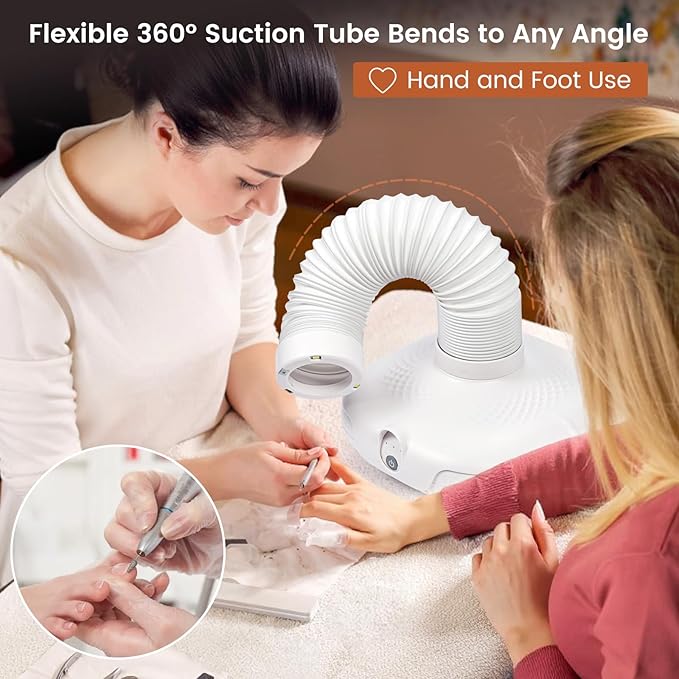 Nail Dust Collector for Nail Tech - 13000RPM Nail Vacuum Dust Collector with 360° Fexible Tube & Reusable Filter - Manicure Dust Cleaner for Acrylic Nail Salon, Home DIY & Crafts