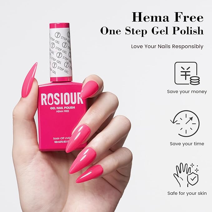 HEMA and TPO Free Gel Polish Spring Summer Colors, 18 ML Hot Pink One Step Gel Nail Polish 3-in-1, Neon Pink Gel Nail Polish for U V Light, Soak Off Gel Polish for Women Girl Nail Lovers