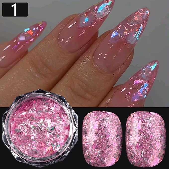 4 Jars Mermaid Flake Nail Glitter Sequins, Holographic Opal Powder, Iridescent Ice Crystal Mermaid Nail Art Pigment Sparkly Glitter for DIY Manicure Decorations