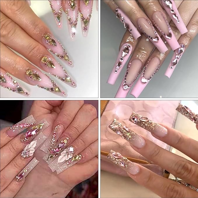 HNUIX Nail Rhinestones for Nails - 3D Multi Shapes, Flat Back, Small Nail Gems, Champagne Gold & Light Pink Nail Diamonds, with Kit, for Nail Art, DIY Decor
