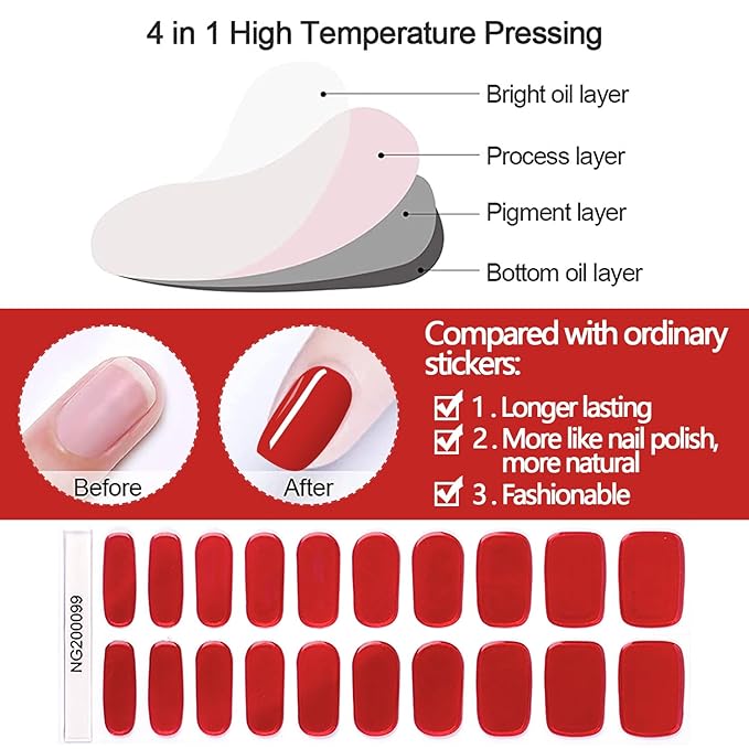 WOKOTO 20Pcs Chrome Red Gel Nail Strips with Nail File & Wooden Stick Holographic Red Semi Cured Nail Polish Strips UV Gel Nail Stickers Full Nail Wraps Stick On Nails Strips Decals for Women Girls