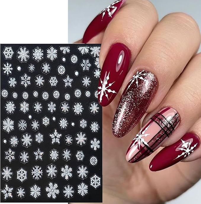 4Sheets Self-Adhesive White Snowflake Nail Art Stickers 3D Embossed Christmas Nail Decals Snowflakes Nail Stickers with Shell Light Design Nail Decal White Bow Star Nail Sticker for Women Nails Decor
