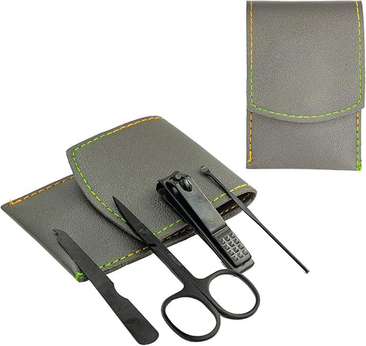 Nail Clipper Set, 4PCS Manicure Set Fingernail Clippers Kit Black Stainless Steel Pedicure and Manicure Kit with Grey PU Leather Case