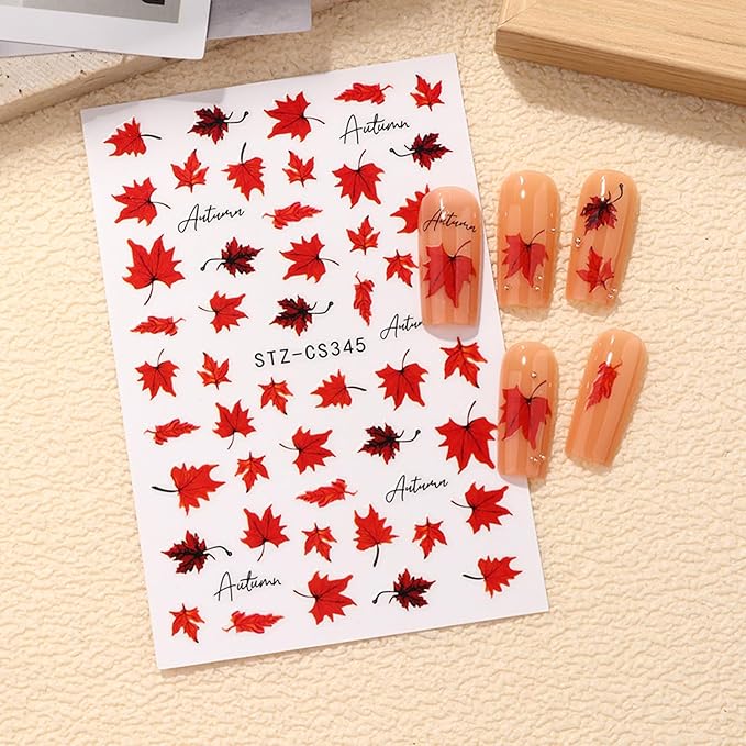 Maple Leaves Nail Stickers 6PCS Fall Maple Leaf Nail Decals 3D Self-Adhesive Red Orange Leaves Nails Design Nail Supplies Fall Stickers for Nails Thanksgiving Day Nail Decals for Women DIY Manicure