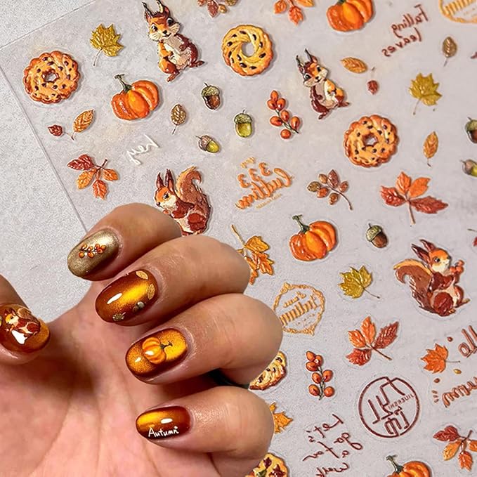 Fall Nail Art Stickers 5D Embossed Maple Leaf Squirrel Nail Decals 1PCS Falling Leaves Pumpkin Pinecone Autumn Nails Design Engraved Fall Stickers for Thanksgiving Day DIY Manicure Nail Art Decoration