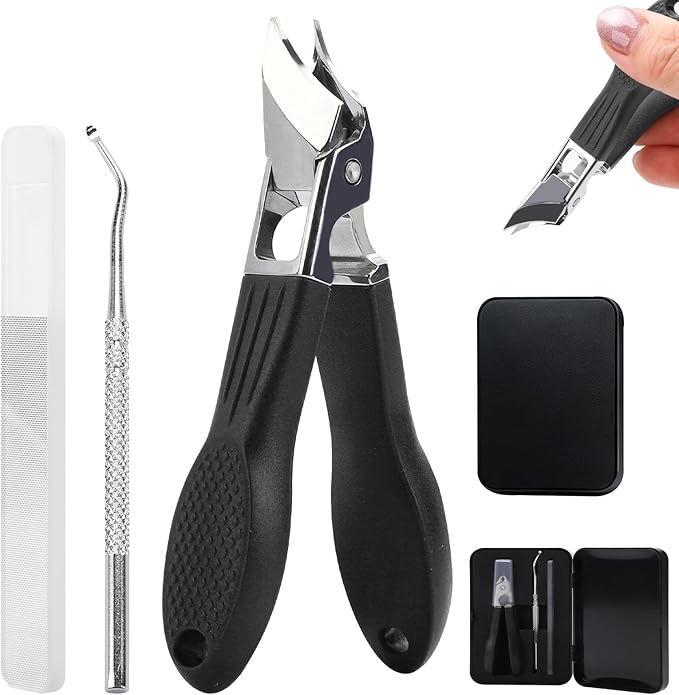 Eagle Beak Nail Clippers for Ingrown & Thick Nails – Beveled/Slanted/Angled Blades, Long Handle Wide Jaw, Anti-Splash Ultra Sharp Stainless Steel Edge 3-Piece Set for Men/Women (Black)