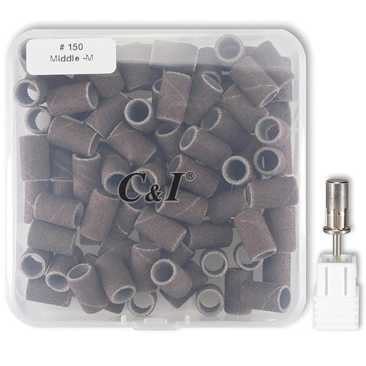 C & I Nail Sanding Bands 100 PCS Plus Upgrade Mandrel 1 PC, Nail Drill Bits for Acrylic Gel Nails Remove, Natural Nails Buffer for Nail Prep and Nail Shiner (Coffee, #150 Middle)