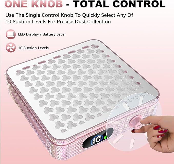Nail Dust Collector | 1000PA Nail Dust Collector Rechargeable | 10 Speed Levels | Low Noise & Strong Suction | Reusable Filter, 10 Pads + Nail Dust Brush| for Acrylic Nails, Salon & Home -Pink Diamond