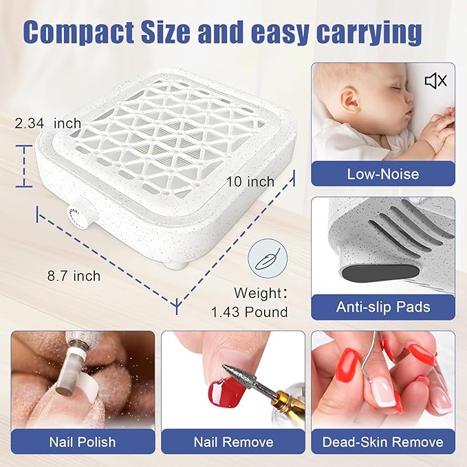 Nail Dust Collector Vacuum, Powerful 4000 RPM Turbine Motor with Reusable Filter for Acrylic Nails Polishing, Professional Manicure Tool for Home & Salon, White