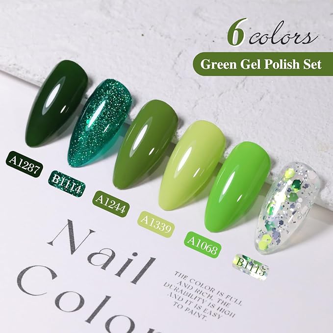 Double Rhythm Gel Nail Polish Set of 6 Colors Baby Light Pastel Milky Nail Polish Starter Kit Art DIY Salon Home (Sage Dark Deep Lime Green Olive,Kit 18)