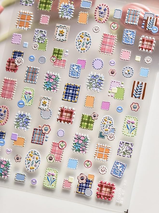 Cottagecore Nail Stickers – 5D Embossed Floral & Plaid Art Decals, Aesthetic Self-Adhesive Design for DIY Nails, Vintage Pastel Patterns Cozy, Cottage-Inspired Manicure, Home or Salon