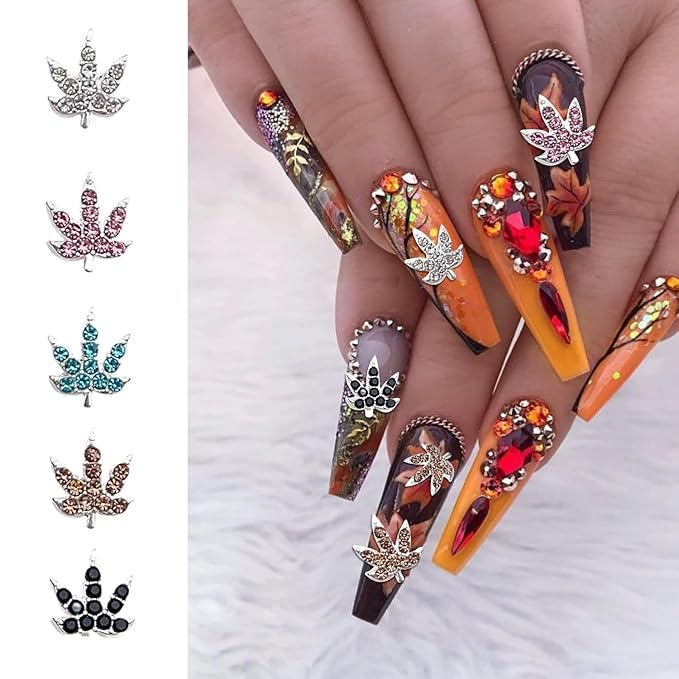 20 Pcs Fall Maple Leaf Nail Charms - Colorful 3D Alloy Crystal Maple Leaves Nail Rhinestones Mix Luxury Jewelry Gems for Women DIY Manicure