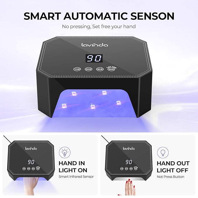 Lavinda 54W UV LED Nail Lamp – Plug-in Gel Nail Light with LCD Display, 4 Timers, Auto Sensor, Dual Wavelength, Nail Dryer for Home & Salon – Black