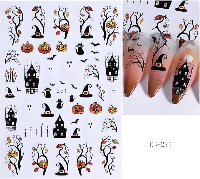 6 Sheets Halloween Nail Art Stickers Flower Nail Stickers 3D Self-Adhesive Ghost Nail Decals with Star Design Pumpkin Bat Nail Supplies Decoration Accessories for Women and Girls
