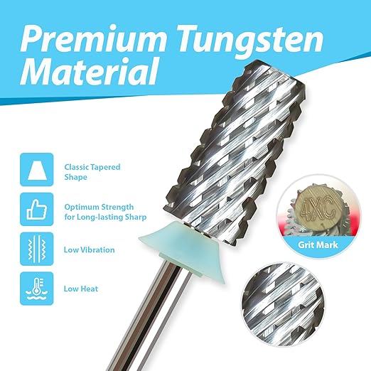Professional Nail Drill Bits, Tungsten Carbide Cross Cut Tapered Barrel 3/32'' Safety Bits, Left Right Hand Use, Remove Gel Fast, Manicure Pedicure Cuticle Gel Polishing, Quadruple Coarse.