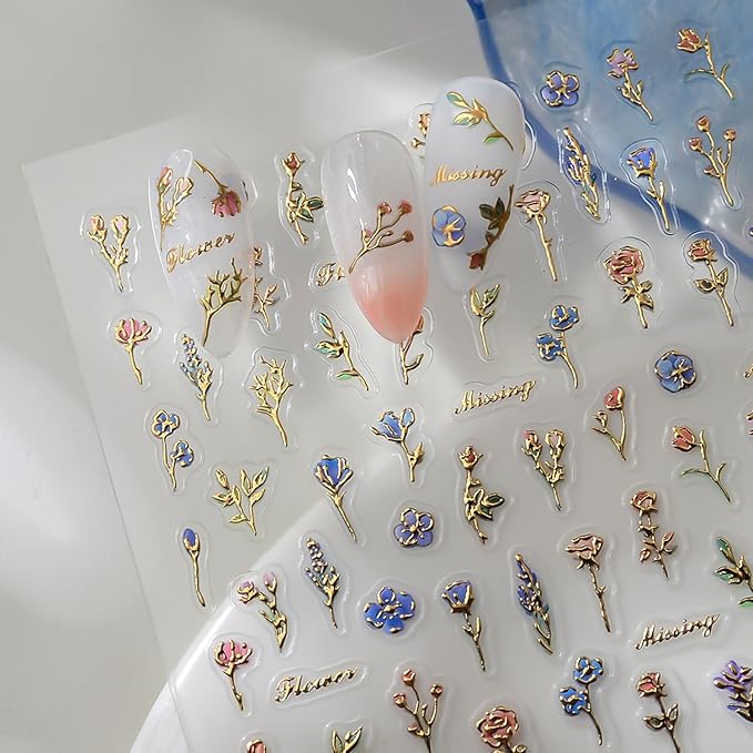 Flower Rose Nail Art Stickers Decals,Spring Flowers Nail Stickers for Nail Art,Metallic Small Floral Nails Design Gold Flower Stickers for Spring Manicure Supplies for Women Accessories Decoration