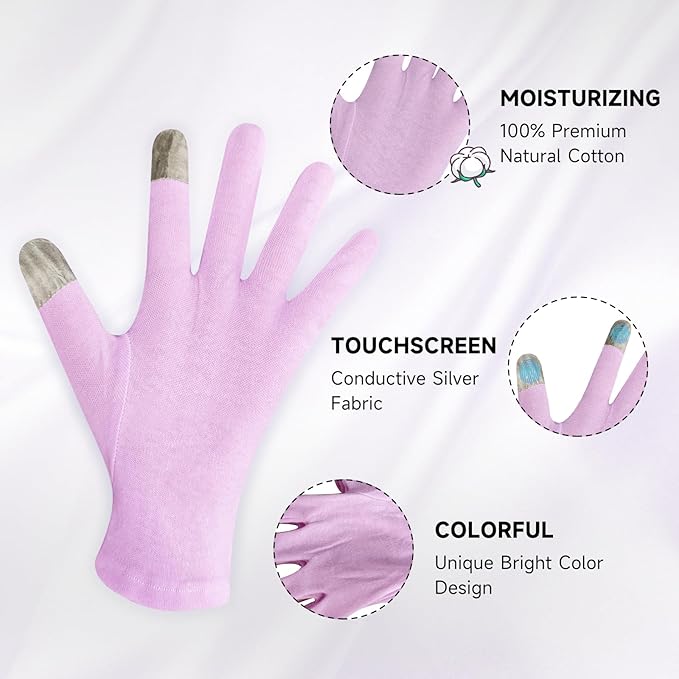 HandLove Premium 100% Cotton Gloves | Moisturizing Gloves for Dry Hands & Eczema | Overnight Sleeping Gloves, Eczema Gloves | Touchscreen | Touch Purple, 12 Pairs