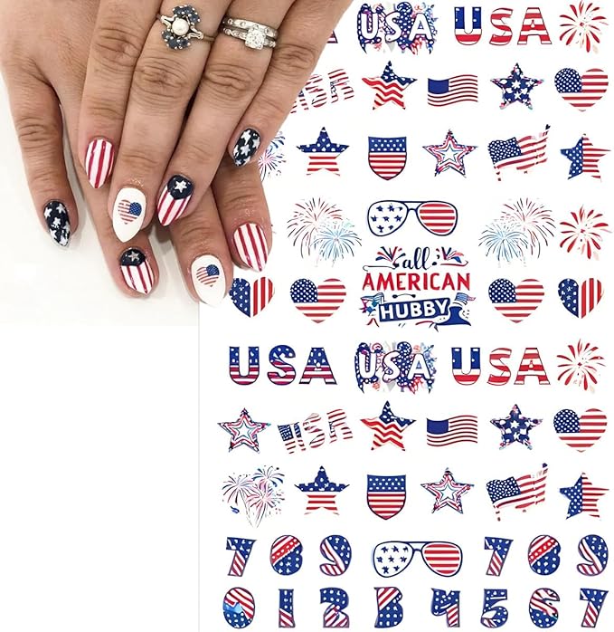 6 Sheets 4th of July Nail Stickers for Nail Art 3D Self-Adhesive Independence Day Nail Decals Star Heart American Flag Nail Design Stickers Patriotic Nail Decor for Women Holiday Nail Art Supplies