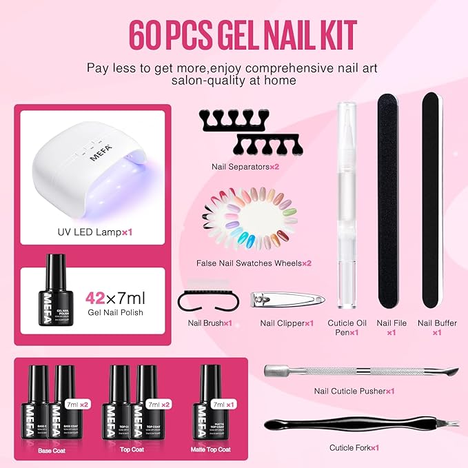 MEFA 42 Colors Gel Nail Polish Kit with U V Light, 59 Pcs All Seasons Collection Colorful Gel Polish Essential Set with 5 Psc Matte/Glossy Base Top Coat, Salon Gifts for Women