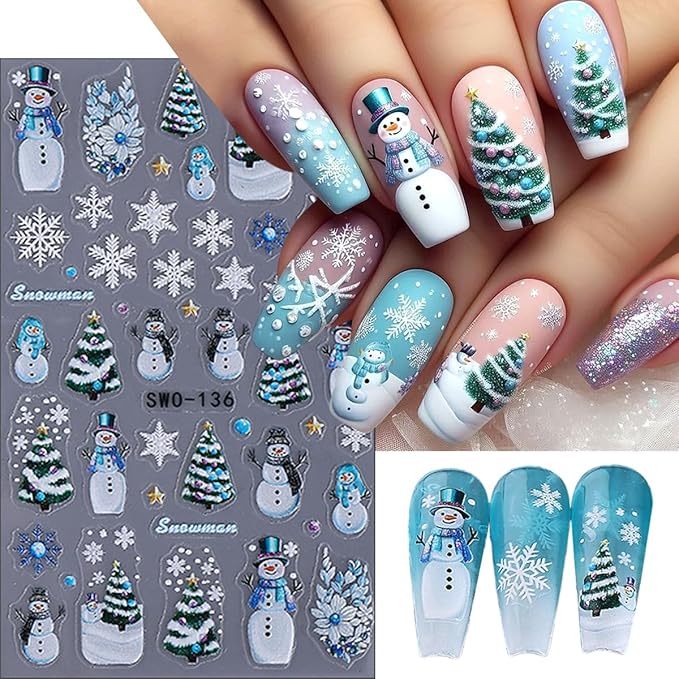 5D Embossed Christmas Nail Art Stickers Winter Cute Christmas Tree Snowflake Snowman Santa Claus Gift Nail Stickers Xmas Holiday Nail Decals for Women DIY Manicure Tips Nail Decorations 4 Sheets