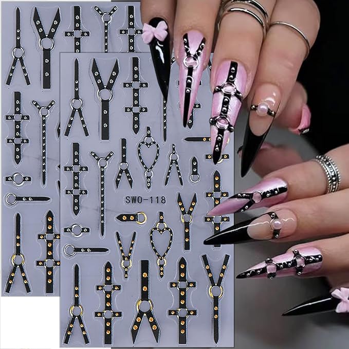 2 Sheets Gothic Nail Stickers for Nail Art Black Punk Belt Nail Design Decals Embossed Gold Silver Rivet Belt Nail Art Stickers 5D Self-Adhesive Halloween Nail Decals for Women DIY Manicure Supplies