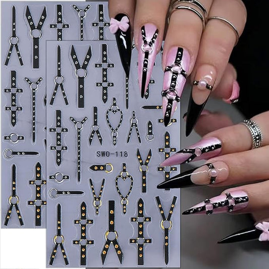2 Sheets Gothic Nail Stickers for Nail Art Black Punk Belt Nail Design Decals Embossed Gold Silver Rivet Belt Nail Art Stickers 5D Self-Adhesive Halloween Nail Decals for Women DIY Manicure Supplies