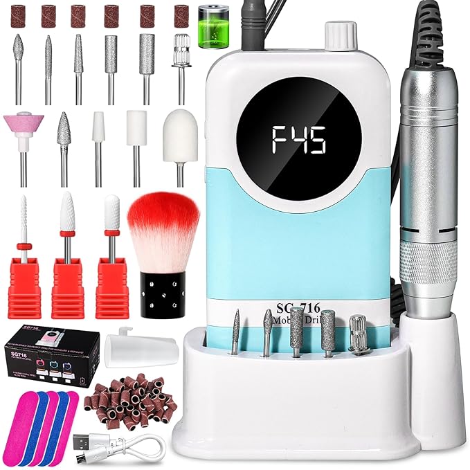 LIMEGIRL Professional Electric Nail Drill Kit 45000RPM Portable Cordless Toenail Cordless Toenail Machine with 14 Drill Bits and Base for Women (Blue)