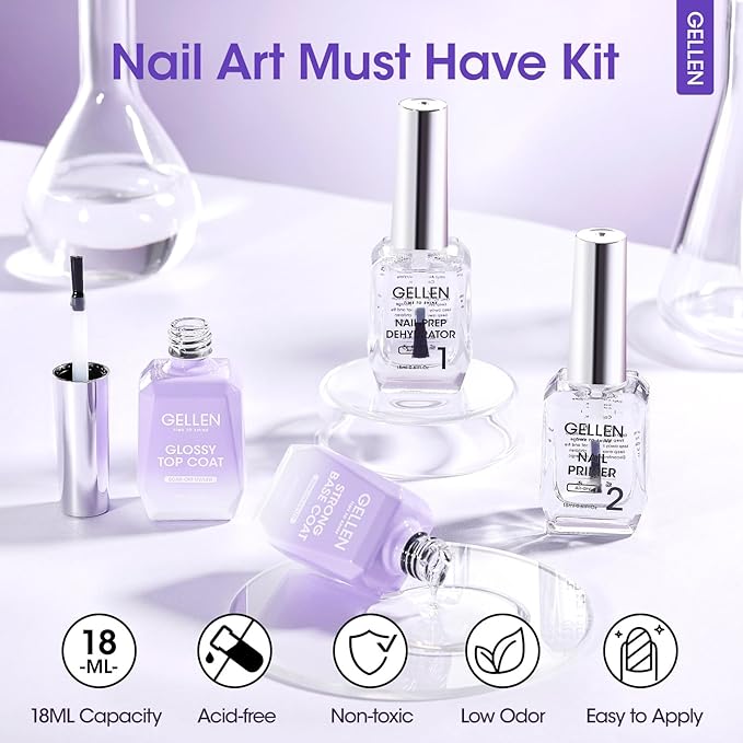 Gellen Nail Dehydrator and Primer with Base Coat Top Coat, Acid-Free Hema-free Nail Prep Dehydrator Primer 18ml UV Superior Glossy Top Coat for Acrylic Gel Nail Polish Nail Art Supplies Gift for Women