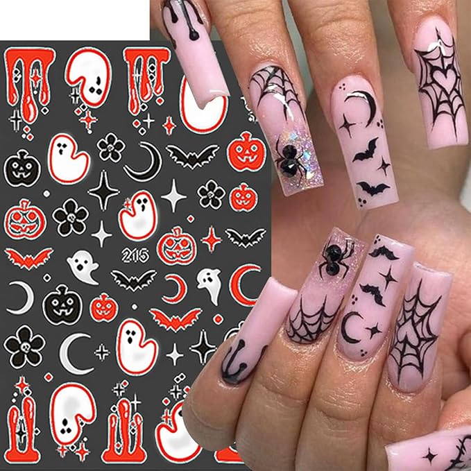6 Sheets Rhinestones Halloween Stickers 3D Self Adhesive Pink Ghost Nail Art Stickers Glitter Pumpkin Charms Nail Decals Spooky for Women Halloween DIY Manicure Salon