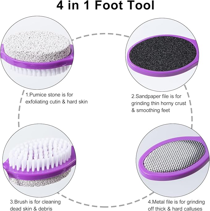 Pumice Stone Brush for Feet 4 in 1, Foot File Callus Remover, Foot Rasp and Sand Paper Pedicure Tools with Handle, Shower Foot Scrubber, Soft Smooth Feet for Home Foot Care,2 Pack