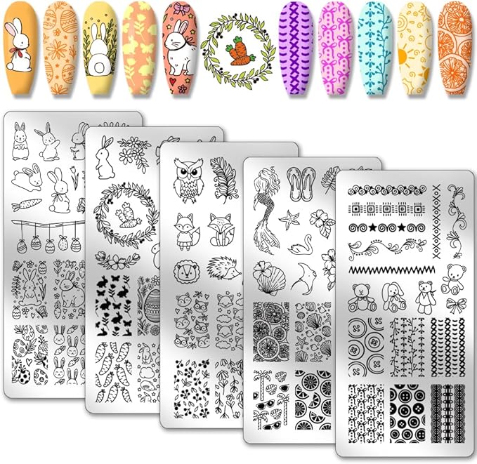 PH PandaHall 5pcs Easter Rabbit Nail Art Templates, Egg Vegetable Nail Stamping Plate Wreath Texture Nail Art Stencils Stainless Steel Nail Image Plates for Nail Design Print Manicure Salon