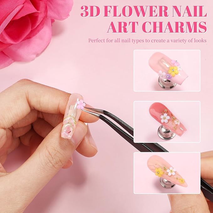 2 Boxes Colorful Flower Nail Charms and Gems, Pink Nail Flower Charms Metal Butterfly Crystal AB Clear Gemstones Silver/Gold Caviar Beads White/AB Pearls with Nail Chain for DIY Nails (5-S2-Mixed2)