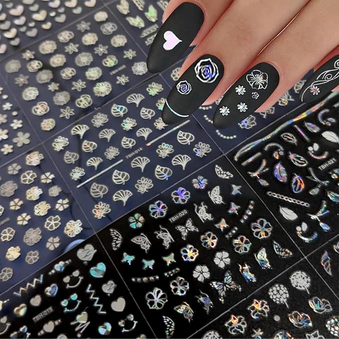30 Sheets Aurora Nail Art Stickers Heart Star Nail Decals 3D Self-Adhesive Holographic Laser Star Nail Stickers Glitter Flower Butterfly Pattern Acrylic Design for Women Girls DIY Nail Art Decoration