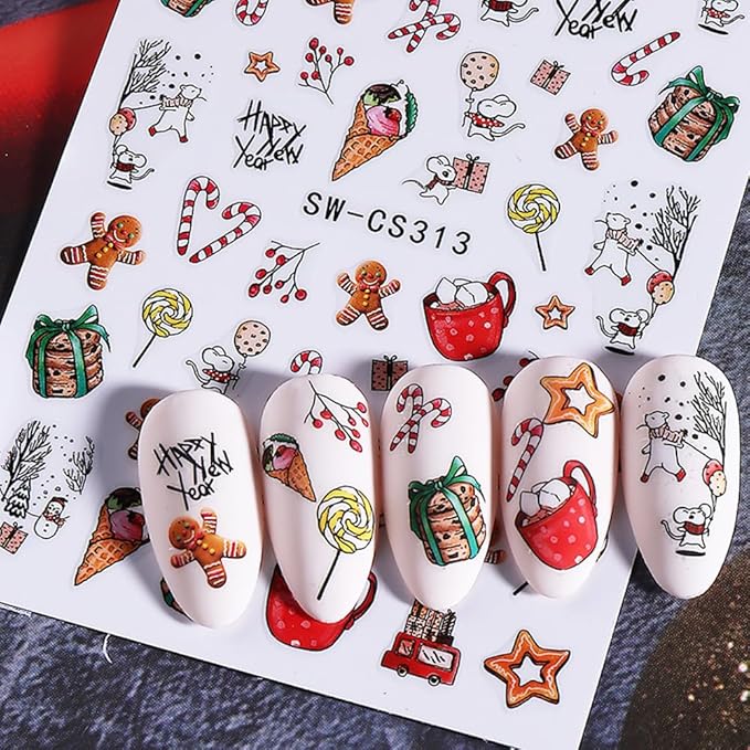 6Pcs Christmas Nail Stickers Gift Box Lollipop Christmas Berry Nail Decals DIY Self Adhesive Santa Claus Socks Cute Design Nail Decoration Supplies Holiday Manicure Accessories for Women Girls