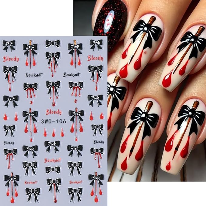 4Sheets Halloween Nail Art Stickers 5D Self Adhesive Black Red Bow Nail Decals with Drill Blood Drop Spider Web Nail Stickers Halloween Gothic Design Holiday Nail Decoration Accessories for Women
