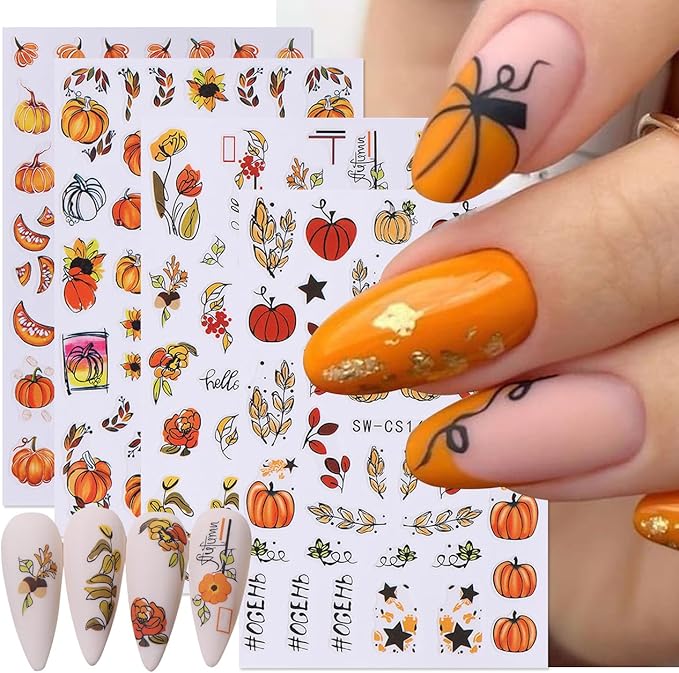 Fall Nail Stickers Decals 12 Sheets Autumn Leaves Nail Art Decals Pumpkins Drinking Maple Leaves Flower Nails Design 3D Self-Adhesive Holiday Thanksgiving Sliders Manicure Nail Decoration