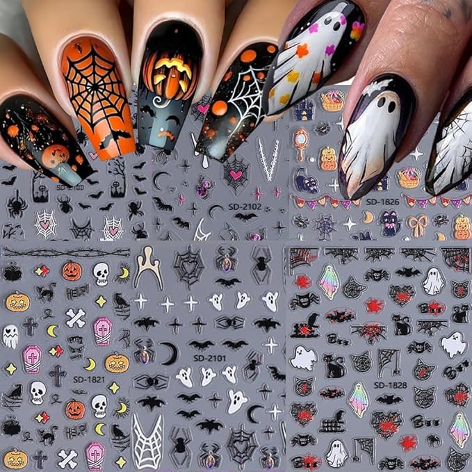6 Sheets Halloween Nail Stickers for Nail Art, 5D Embossed Self-Adhesive Ghost Pumpkin Spider Web Nail Decals, Castle Nail Supplies Nail Art Design Accessories for Women Girls Manicure DIY Decoration