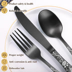 Matte Black Rose Flower Pattern Silverware Set - Image 3