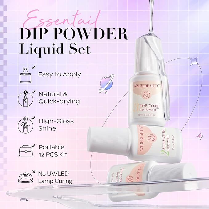 AZUREBEAUTY Dip Powder Nail Kit Starter, Pastel Lavender Pink Glitter, 4 Colors Spring Summer Dipping Powder Set, French Nail Art Base Top Activator Liquid Manicure DIY Salon 12 PCS