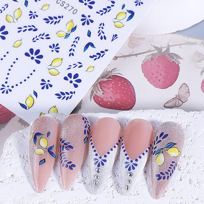 6 Sheets Autumn Fruit Nail Decals for Nail Art 3D Self-Adhesive Orange Lemon Nail Art Stickers Bohemian Style French Tip Nail Stickers Fall Flower Nail Supplies for Women Acrylic Nails Decoration