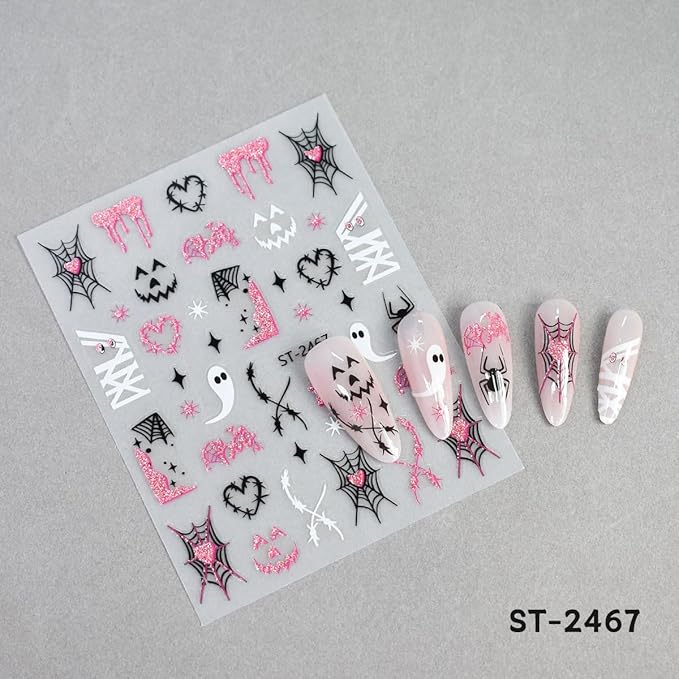 Halloween Nail Art Stickers, Cute Ghost Nail Art Decals 3D Self-Adhesive with Pink Bat Pumpkin Heart Skull Spider Web Nail Design 6Pcs Halloween Nail Art Supplies for Women Nail Decoration