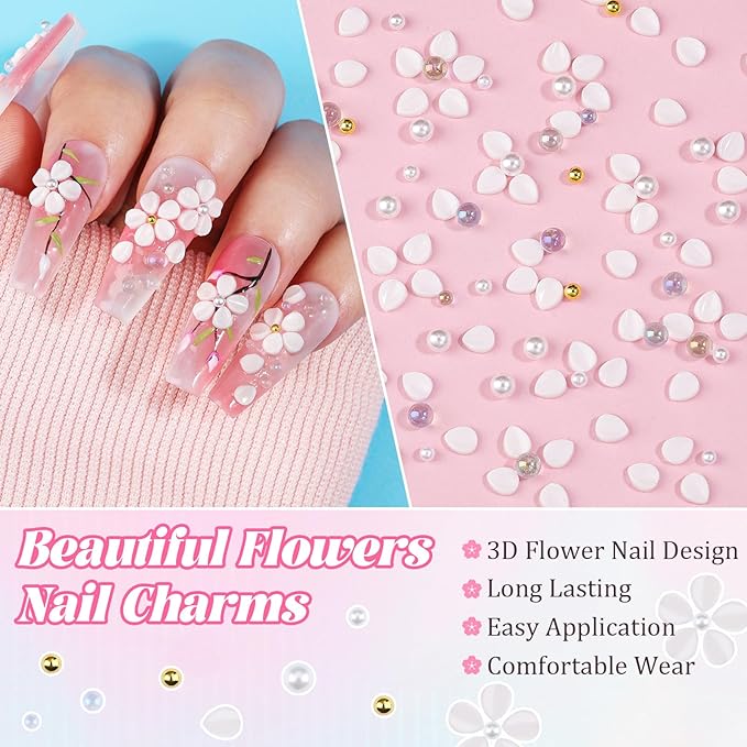 500Pcs Flower Nail Charms Kit, 400Pcs 3D White Flowers Petals and 100Pcs Round Pearls with Gold Metal Caviar Beads Bubble Beads, Cherry Blossom Petal Tiny Gems Mixed Rhinestone for Nails DIY