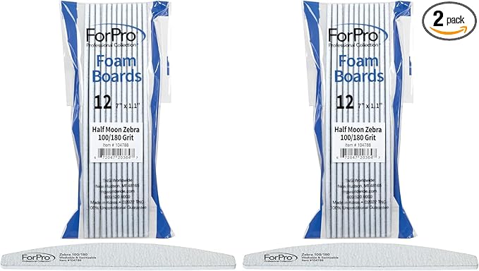 ForPro Half Moon Foam Boards, Zebra, 100/180 Grit, Double-Sided Manicure and Pedicure Nail Files, 7” L x 1.1” W, 12-Count (Pack of 2)