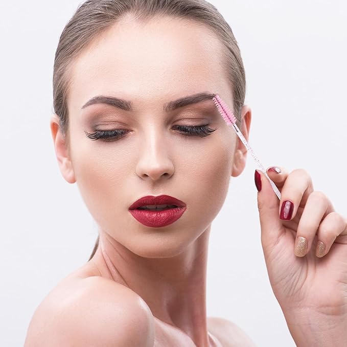 (400+300 Pieces) Pink Crystal Handle - 400 Cotton Swabs + 300 Brushes for Lash Extensions, Makeup (Simple Packaging)-(Crystal Pink)