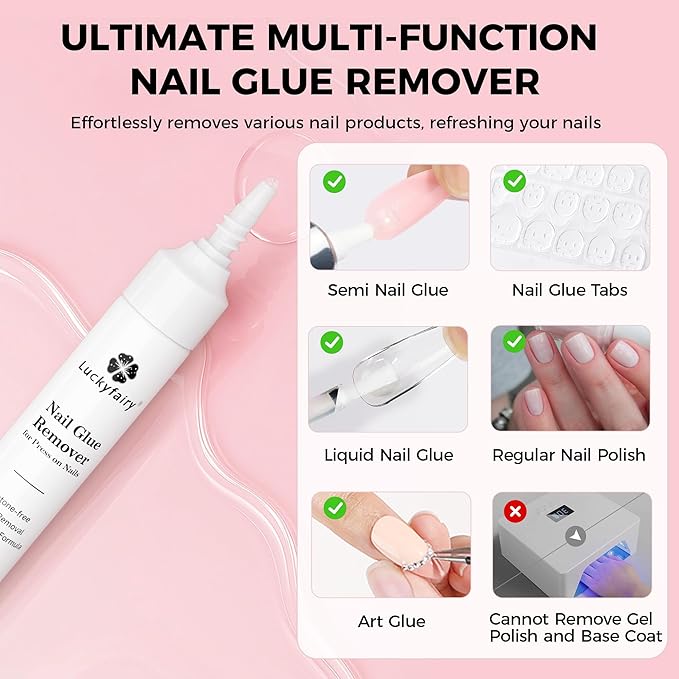 Super Strong Nail Glue for Press On Nails: 10g Semi Nail Glue with 12ml Glue Remover Kit, Quick Dry, No UV Lamp Needed with Gentle Non-Acetone Remover, Long Lasting for Acrylic Fake Nails Tips