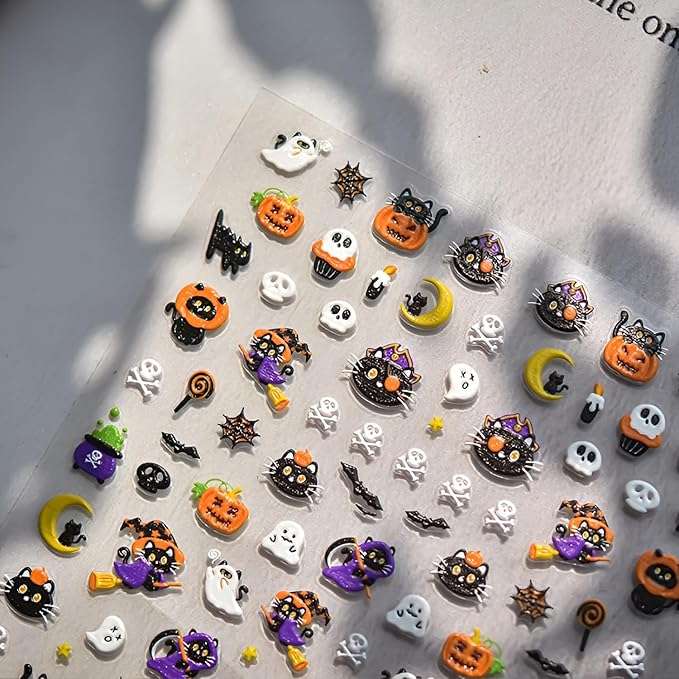 Halloween Nail Art Stickers 5D Embossed Nail Decals Pumpkin Cute Ghost Nail Stickers Skull Spider Web Design Halloween Nail Art Supplies DIY Manicure for Women Girls