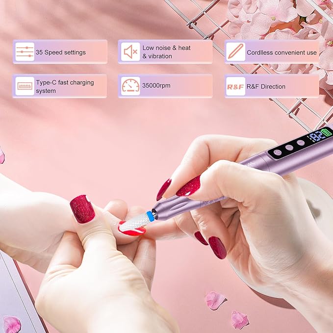 Electric Nail Drill Professional, Cordless NailDrill, 35000RPM Professional NailDrill, Portable Efile Nail Drill Machine for Acrylic and Gel Nail with Manicure and Polishing Tool Set (Pink)